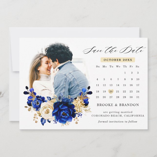 Save The Date Royal Bleu Jaune Or Metallal Calendrier Floral (Devant)