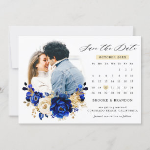 Save The Date Royal Bleu Jaune Or Metallal Calendrier Floral