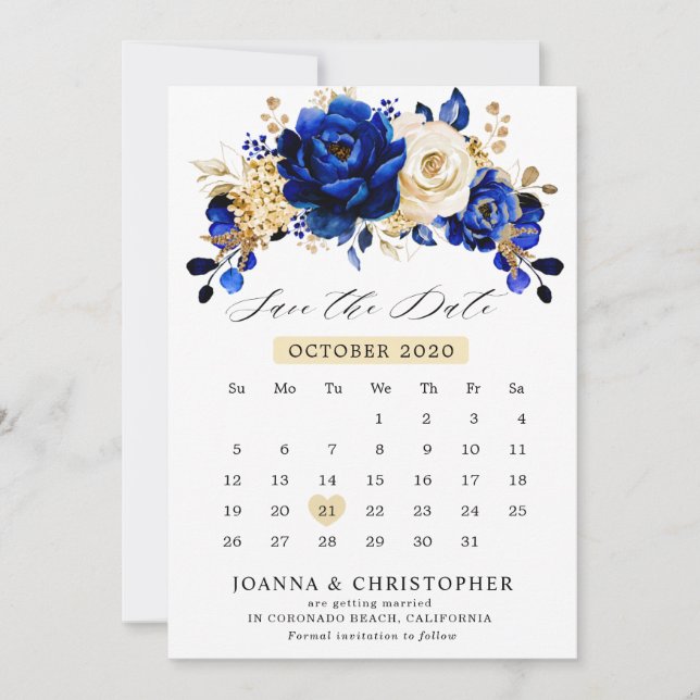 Save The Date Royal Bleu Jaune Or Metallic Calendrier floral (Devant)