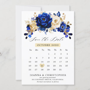 Save The Date Royal Bleu Jaune Or Metallic Calendrier floral