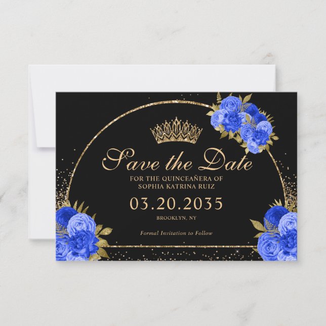 Save The Date Royal Blue Black Gold Parties scintillant Floral Q (Devant)