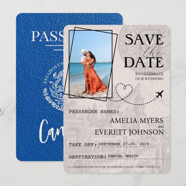 Save The Date Royal Blue Cancun Passeport Enregistrer La Date (Devant / Derrière)