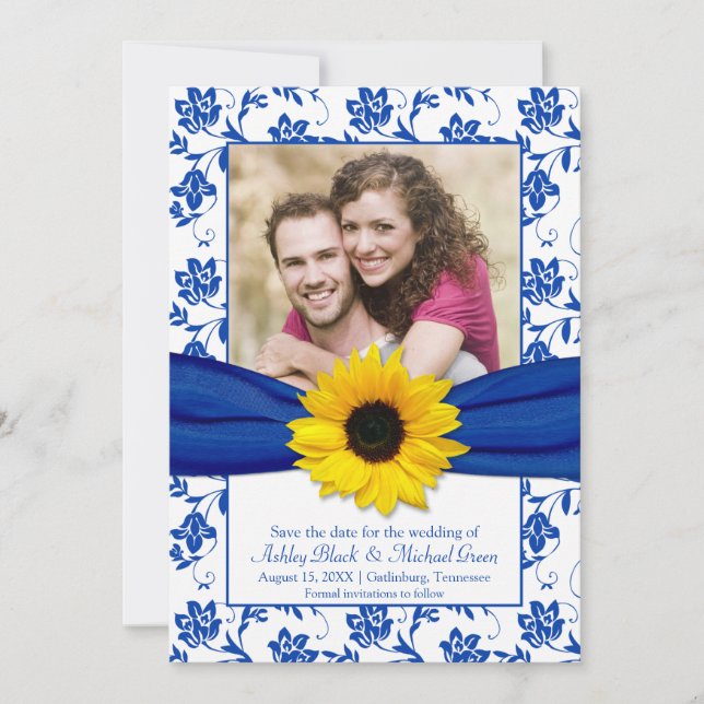 Save The Date Royal Blue Floral Damask Sunflower Enregistrer la  (Devant)