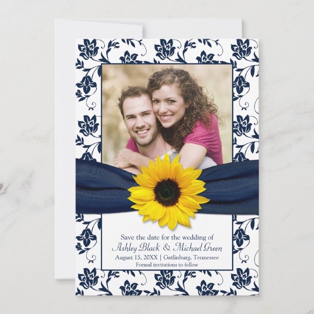 Save The Date Royal Blue Floral Damask Sunflower Enregistrer la  (Devant)
