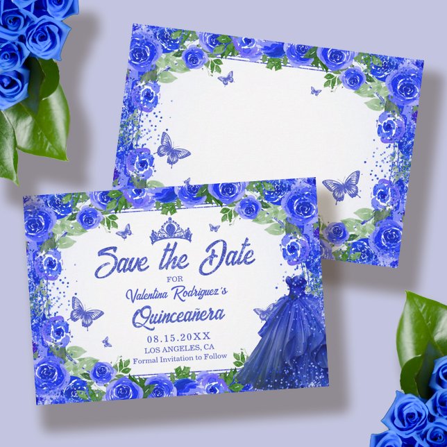 Save The Date Royal Blue Floral Quinceanera Enregistrer la date (Blue Floral Quinceanera Save the Date)