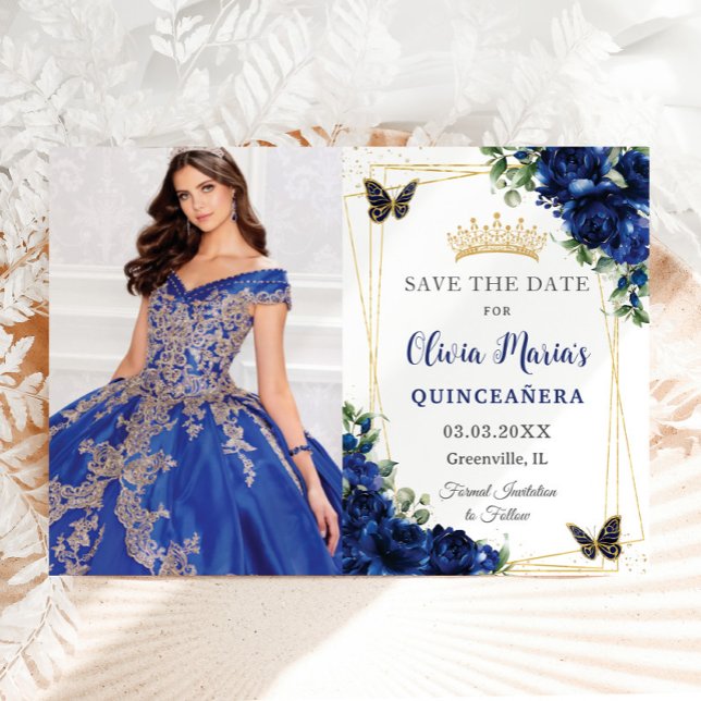 Save The Date Royal Blue Floral Quinceañera Papillons photo (Créateur téléchargé)