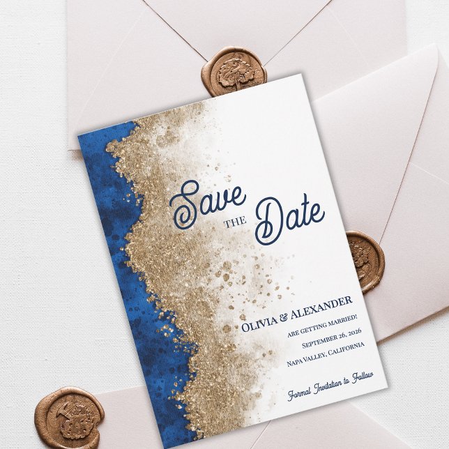Save The Date Royal Blue Gold Abstract Luxury Formal Wedding  (Royal Blue Gold Save the Date Card Luxury Navy Blue Gold Wedding Save The Date )