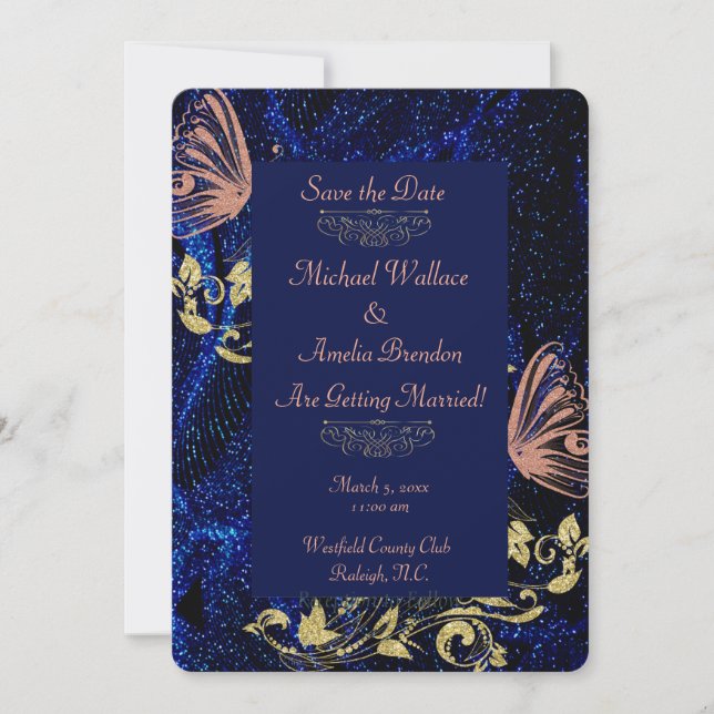 Save The Date Royal Blue Gold Butterfly Wedding Enregistrer la d (Devant)