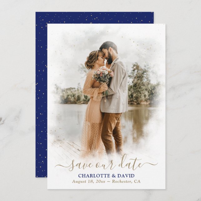Save The Date Royal Blue Gold Mariage Photo Enregistrer notre ca (Devant / Derrière)