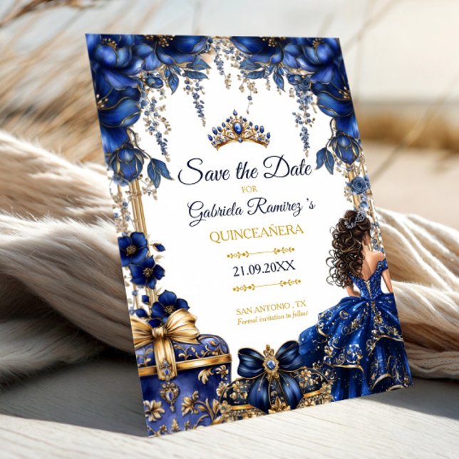 Save The Date Royal Blue Golden Tiara Floral Quinceañera (Créateur téléchargé)