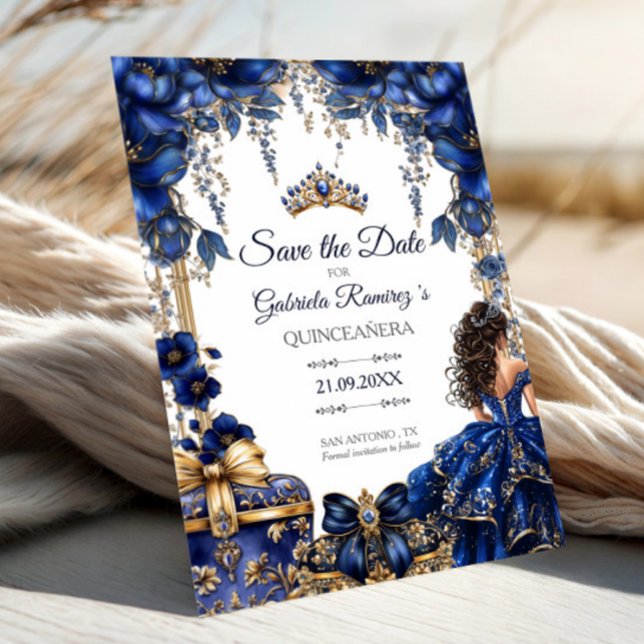 Save The Date Royal Blue Golden Tiara Floral Quinceañera (Créateur téléchargé)