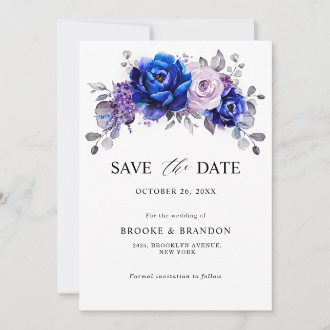 Save The Date Royal Blue Lilac Purple Floral Enregistrer La Date (Devant)