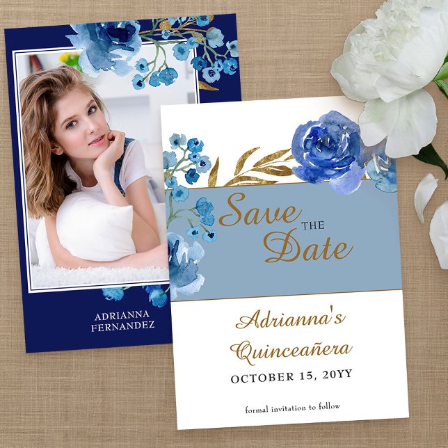 Save The Date Royal Blue Rose et Gold Leaf Quinceanera Photo (Photo Save the Date from my Rose and Gold Leaf quinceanera collection)