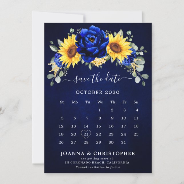 Save The Date Royal Blue Rustic Tournesol Calendrier Floral mode (Devant)