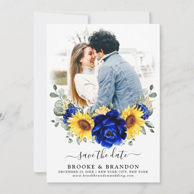 Save The Date Royal Blue Rustic Tournesol Moderne Floral Mariage (Devant)