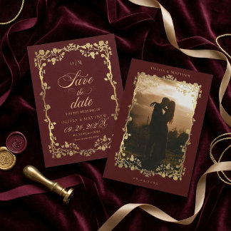 Save The Date Royal Burgundy Gold Rose Fleurs Le Mariage de