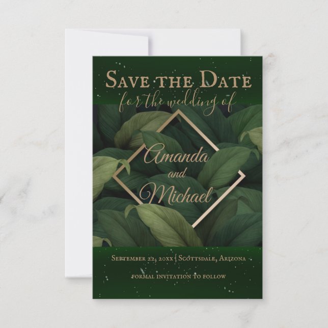 Save The Date Royal Dark Green Feuille Gold Frame Mariage (Devant)