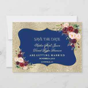 Save The Date Royal Navy Blue Blush Floral Gold Enregistrer La D