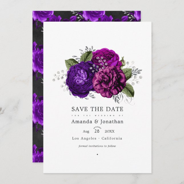 Save The Date Royal Purple and Silver Floral Mariage Photo (Devant / Derrière)