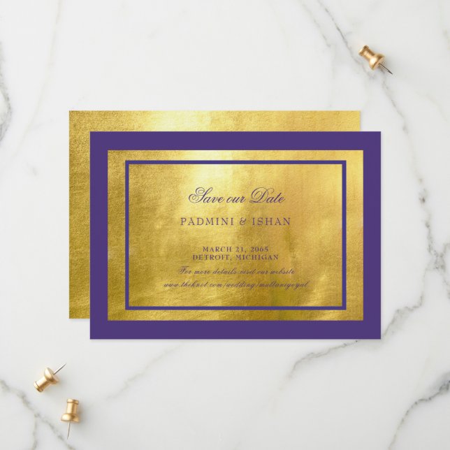Save The Date Royal Purple & Gold Wedding Enregistrer La Date (Devant/Arrière en situation)