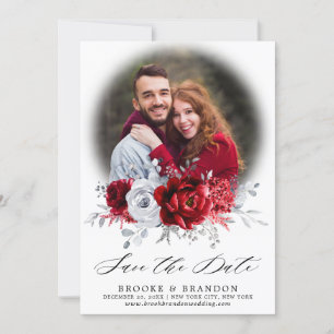 Save The Date Royal Rouge Blanc argent métal Mariage floral