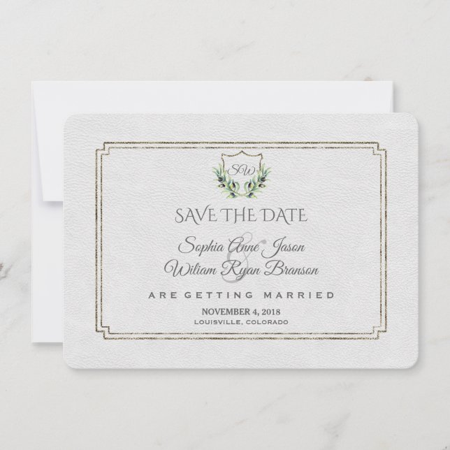 Save The Date Royal Silver Crest Verdure Économisez La Date (Devant)