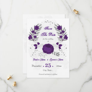 Save The Date royal violet blanc fleurs argent botanique