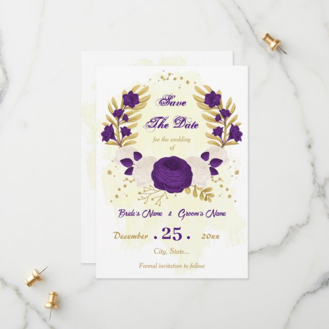 Save The Date royal violet blanc fleurs or botanique (Devant/Arrière en situation)