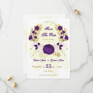Save The Date royal violet blanc fleurs or botanique