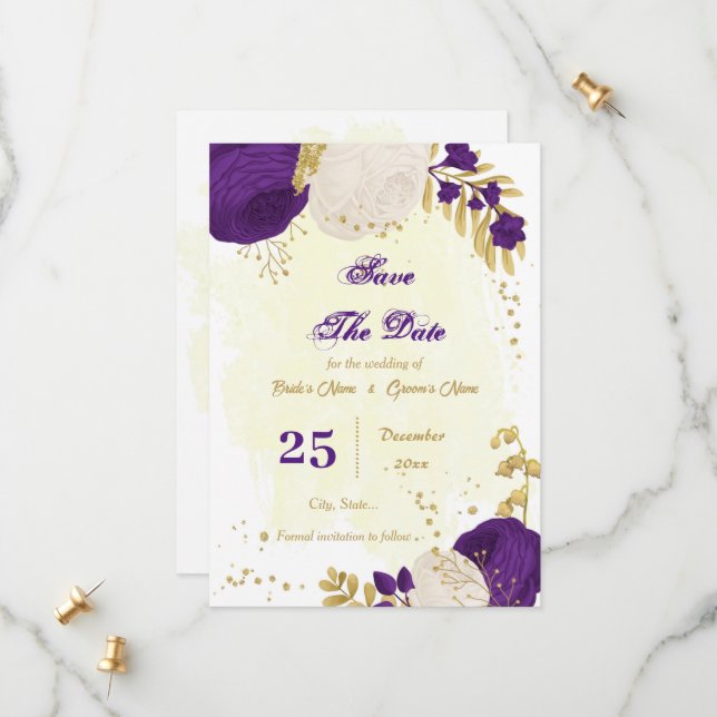 Save The Date royal violet blanc fleurs or botanique (Devant/Arrière en situation)