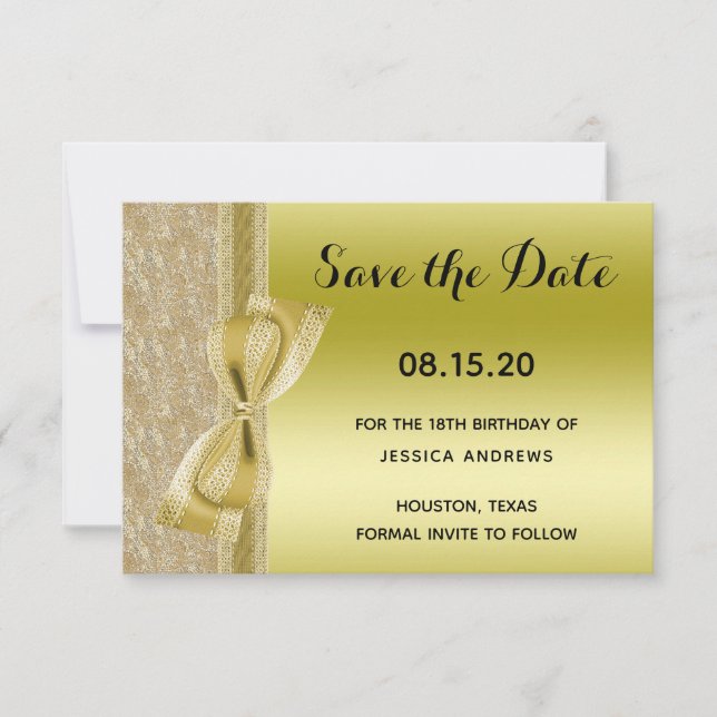 Save The Date Ruban de dentelle et nœud doré paillettes sequins  (Devant)
