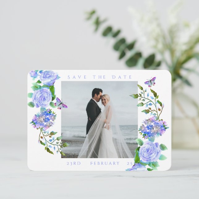 Save The Date Ruban de rose bleue Monogramme Photo Mariage  (Debout devant)