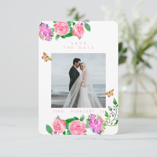 Save The Date Ruban de rose rose monogramme photo mariage  (Debout devant)