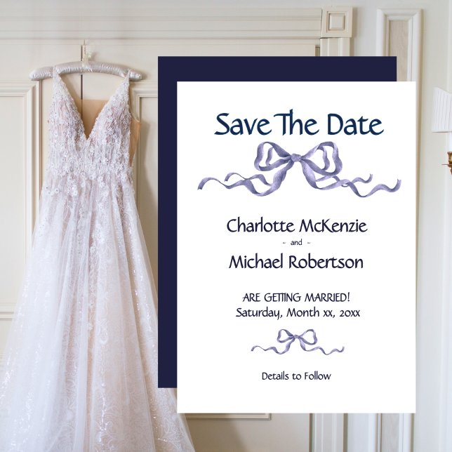 Save The Date Ruban élégant et nœud mariage romantique bleu mari (Elegant Ribbon Romantic Wedding Save The Date)