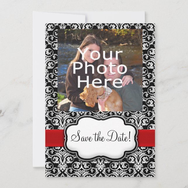 Save The Date Ruban Noir/Blanc/Rouge Damassé Enregistrer la Date (Devant)