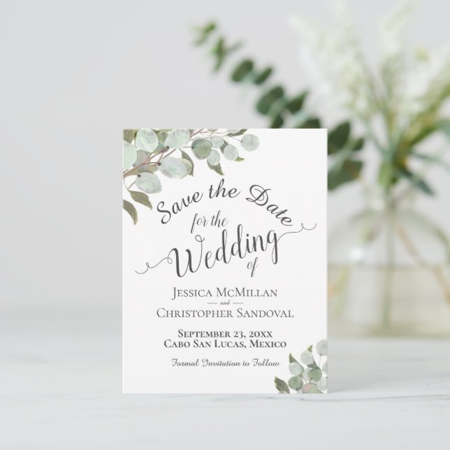 Save The Date Russe Aquarelle Eucalyptus Feuille Mariage blanc (Debout devant)