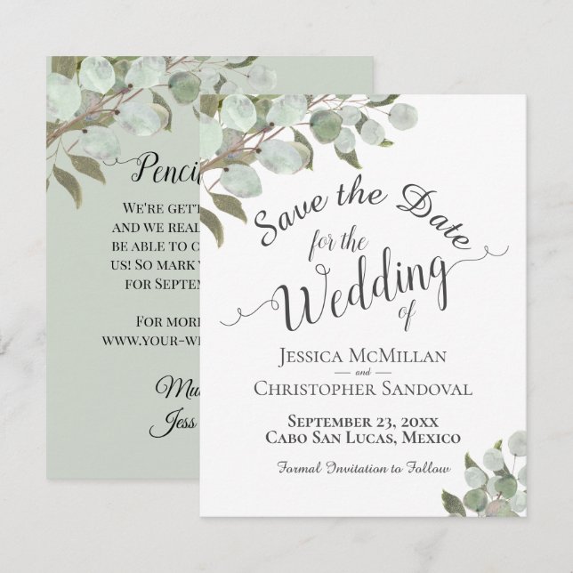 Save The Date Russe Aquarelle Eucalyptus Feuille Mariage blanc (Devant / Derrière)
