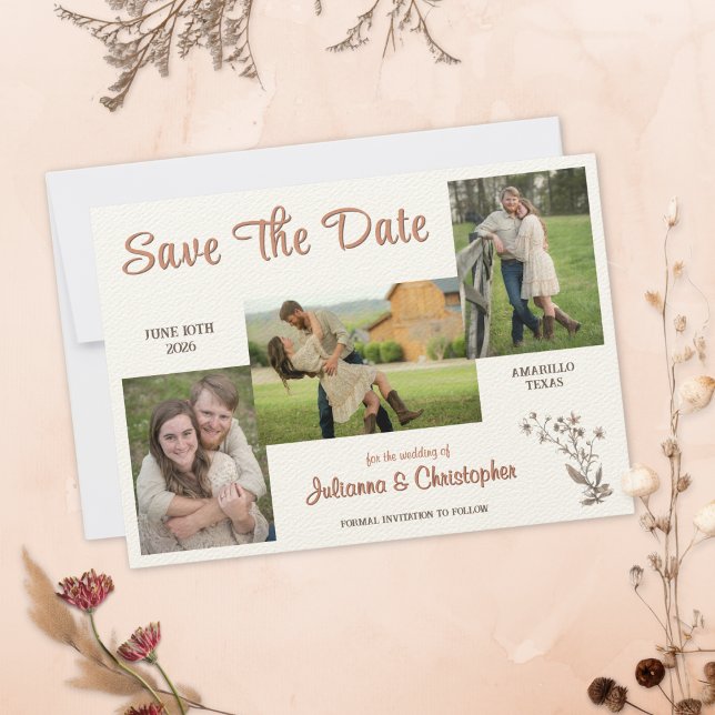 Save The Date Russe Boho Fleurs sauvages 3 Photo Copper Script (Créateur téléchargé)
