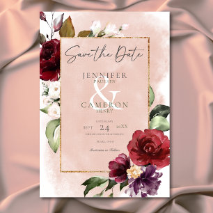Save The Date Russe Bourgogne et rose pâle Mariage Roses