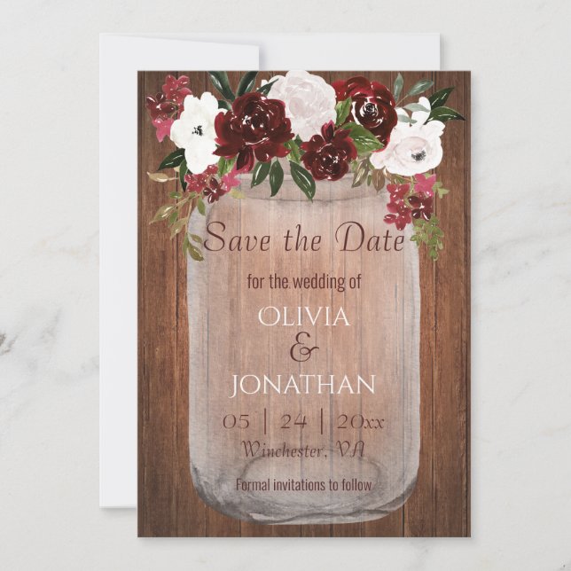 Save The Date Russe Bourgogne Floral Mason Jar Mariage (Devant)