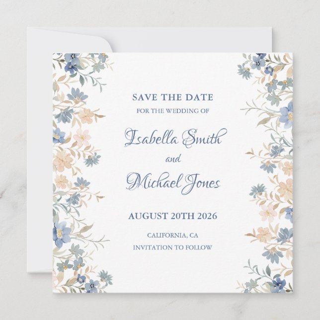 Save The Date Russe Floral Boho bleu et Mariage beige (Devant)
