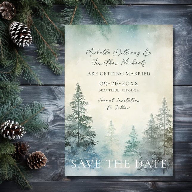 Save The Date Russe Forêt de pins d'hiver Mariage de bois (Front - Rustic Winter Pine Forest Woodland Wedding Save The Date)
