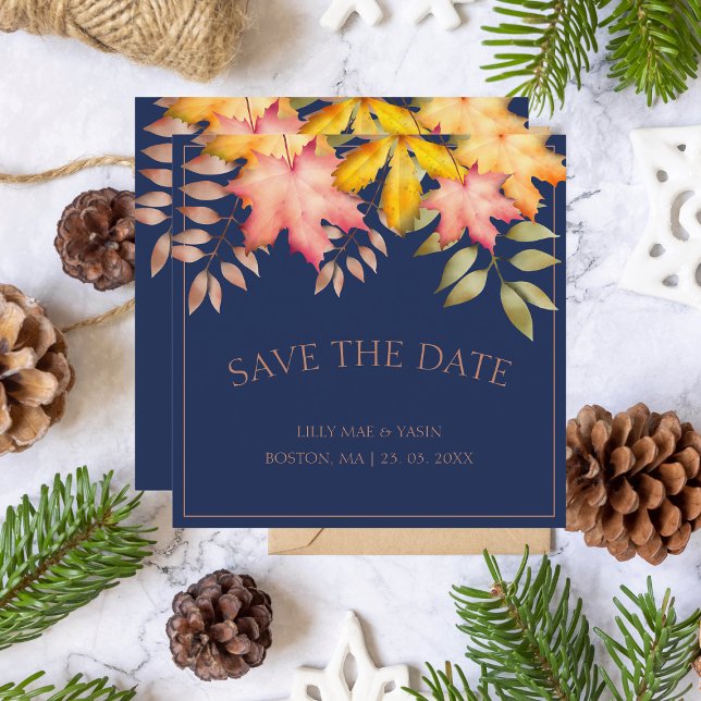 Save The Date Russe Marine Bleu Automne Feuilles Mariage (Créateur téléchargé)
