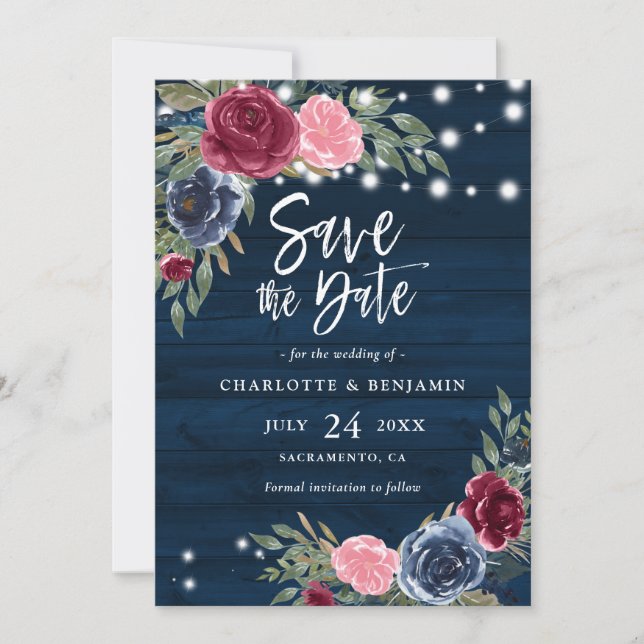 Save The Date Russe Marine Bleu Bourgogne Blush Floral Mariage (Devant)