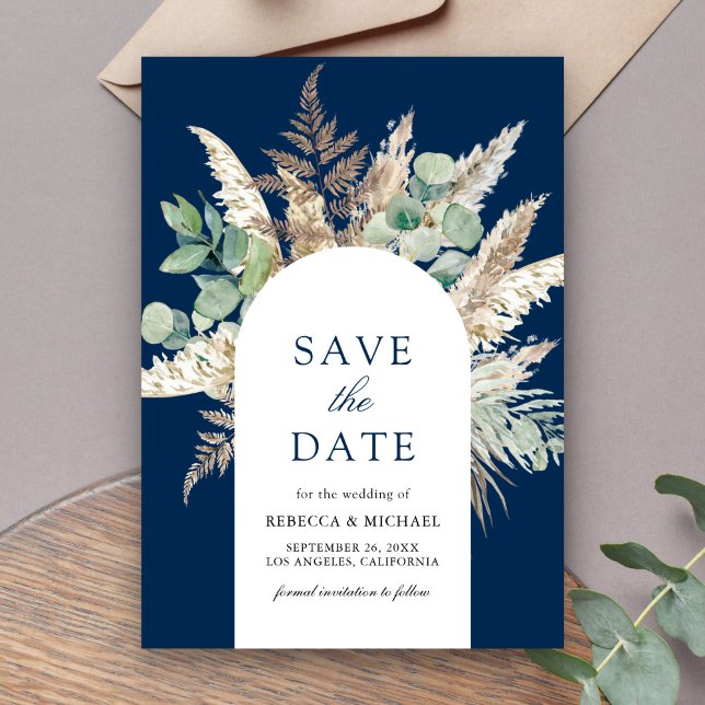 Save The Date Russe Pampas Eucalyptus Arch Mariage bleu marine (Créateur téléchargé)