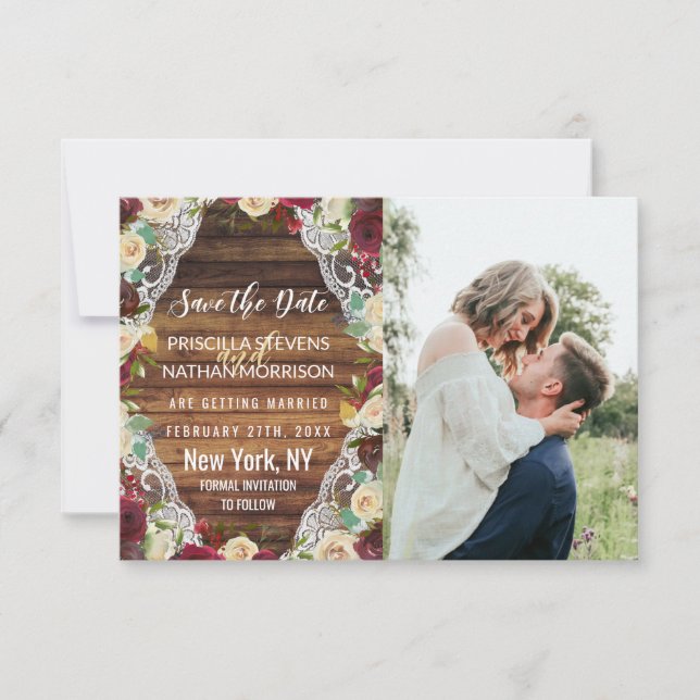 Save The Date Russe Pays Rouge ivoire Floral dentelle Bois (Devant)