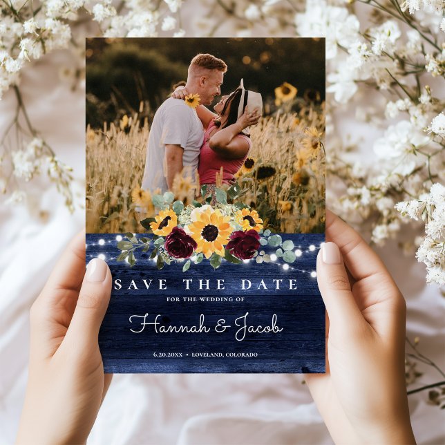 Save The Date Russe Sunflower Navy Bleu String Mariage (Créateur téléchargé)
