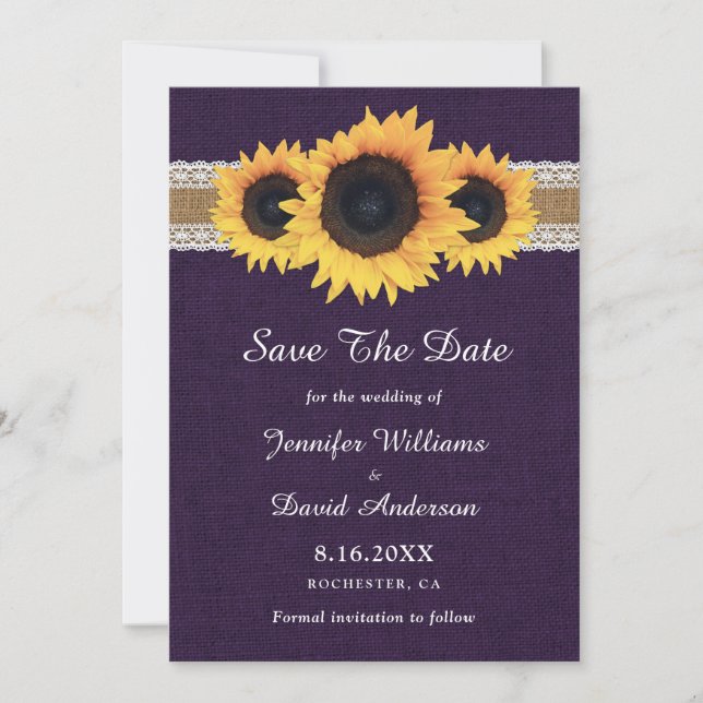 Save The Date Russe Violet Burlap Lights Mariage de tournesol (Devant)