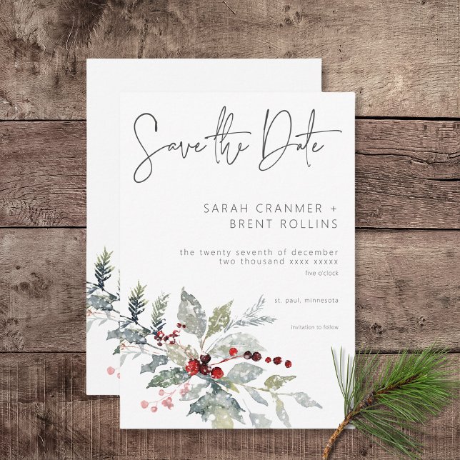 Save The Date Russe Winter Holly Berries & Mariage de neige (Rustic Winter Holly Berries & Snow Save the Date Card)