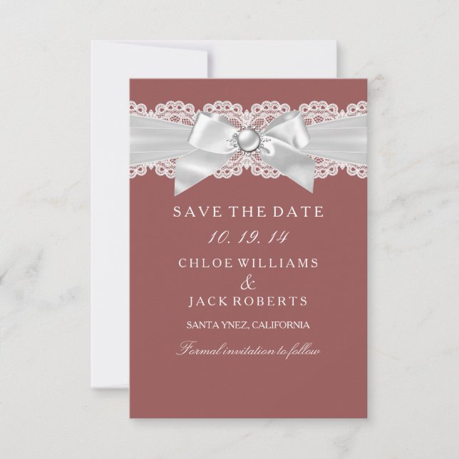 Save The Date Rust Brown Damask & Pearl Bow Enregistrer La Date (Devant)